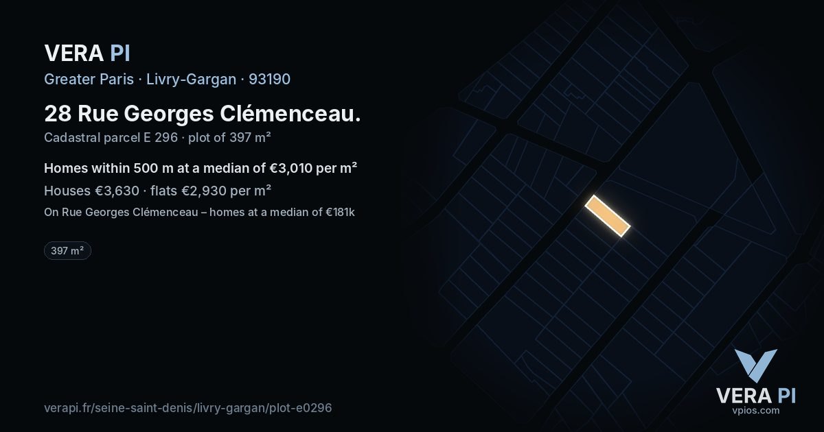 28 Rue Georges Clémenceau, Livry-Gargan at night – the plot lit, the parcels around coloured by the prices near them