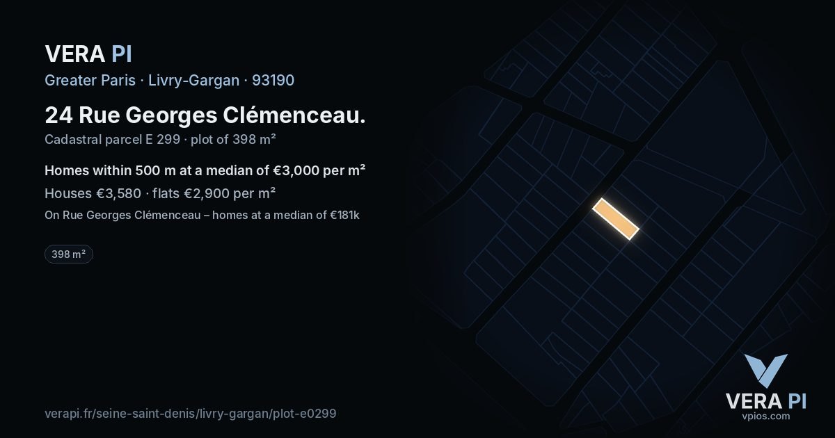 24 Rue Georges Clémenceau, Livry-Gargan at night – the plot lit, the parcels around coloured by the prices near them