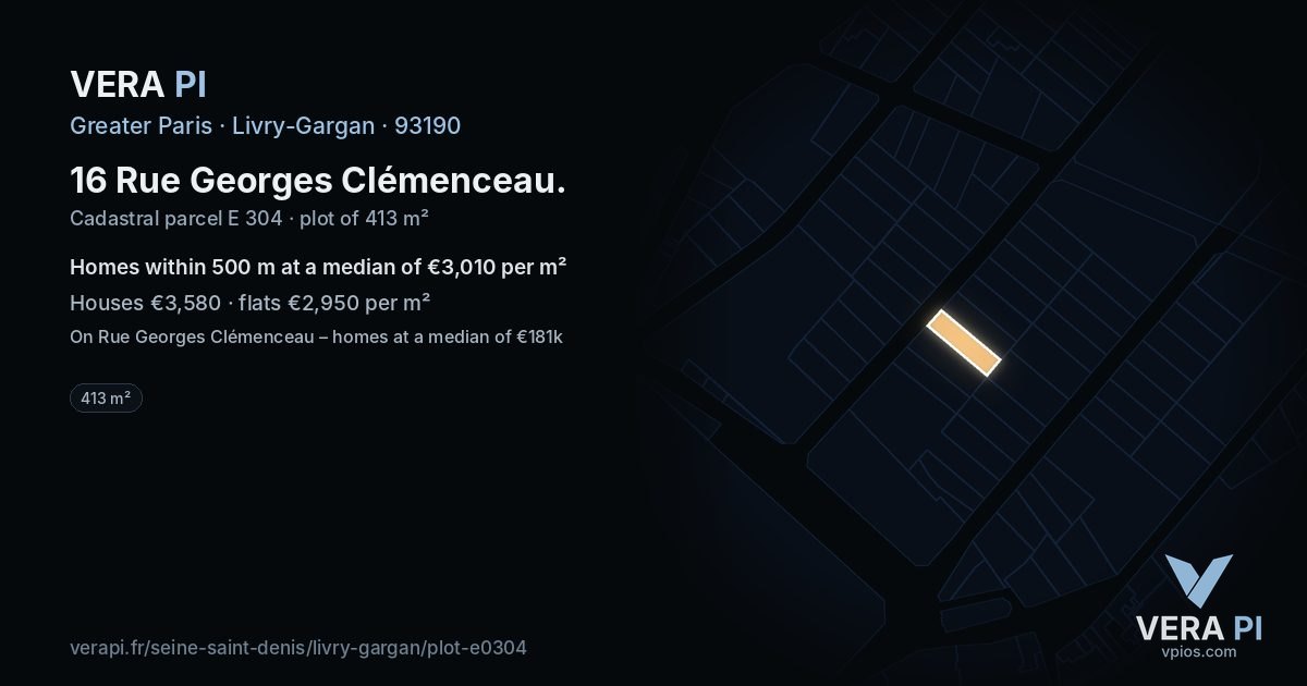 16 Rue Georges Clémenceau, Livry-Gargan at night – the plot lit, the parcels around coloured by the prices near them