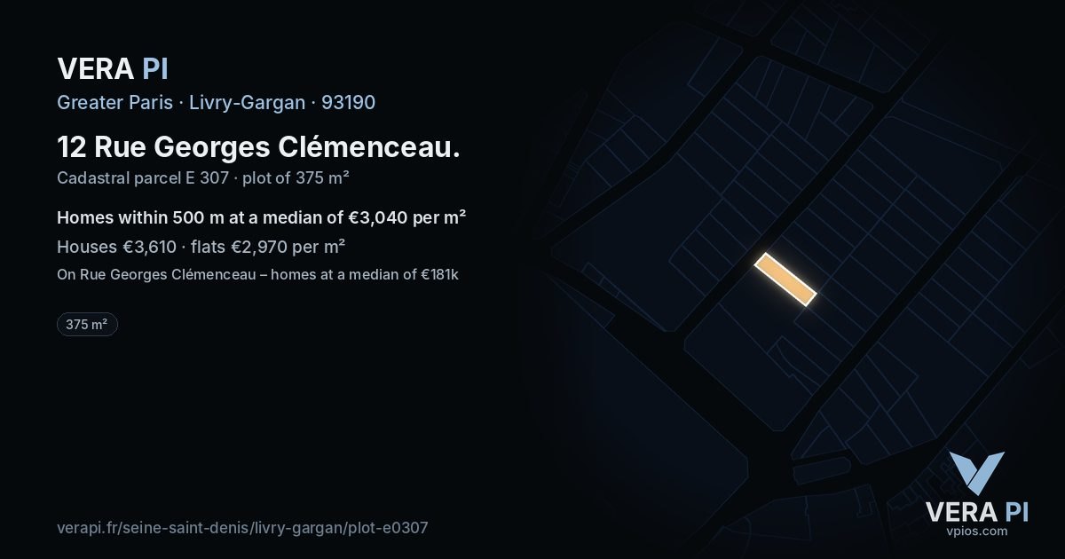 12 Rue Georges Clémenceau, Livry-Gargan at night – the plot lit, the parcels around coloured by the prices near them