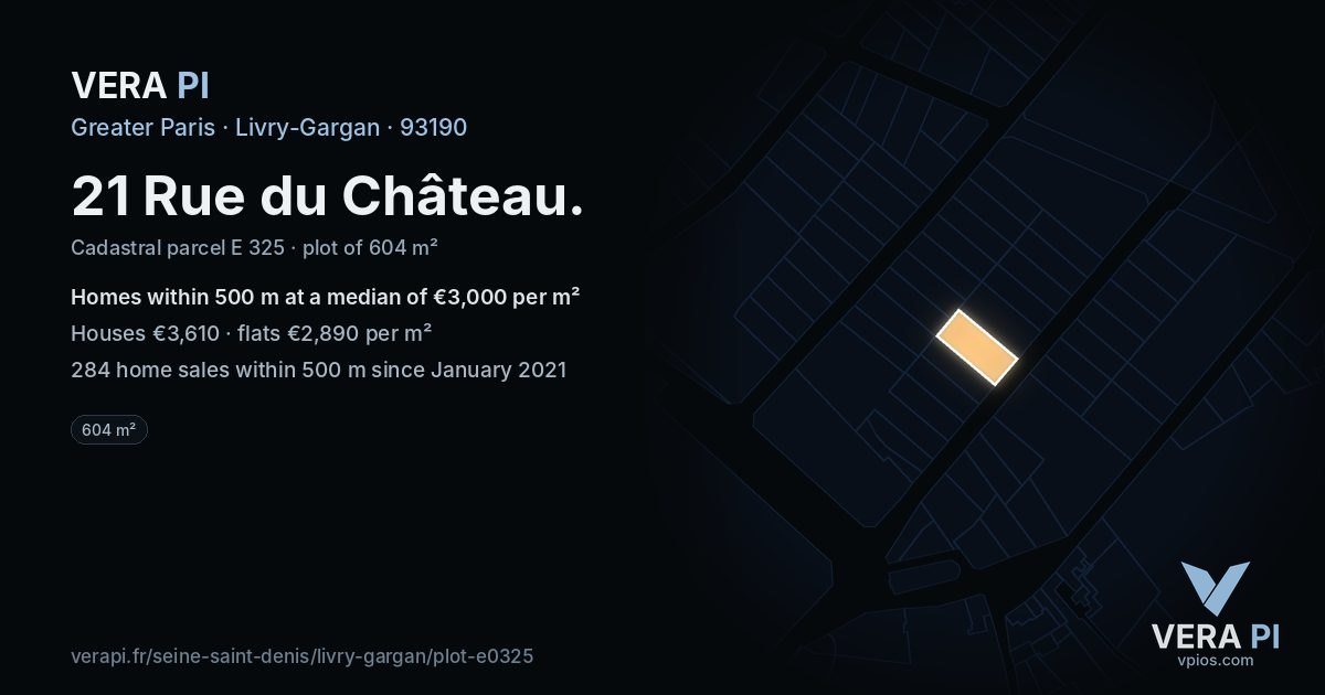 21 Rue du Château, Livry-Gargan at night – the plot lit, the parcels around coloured by the prices near them