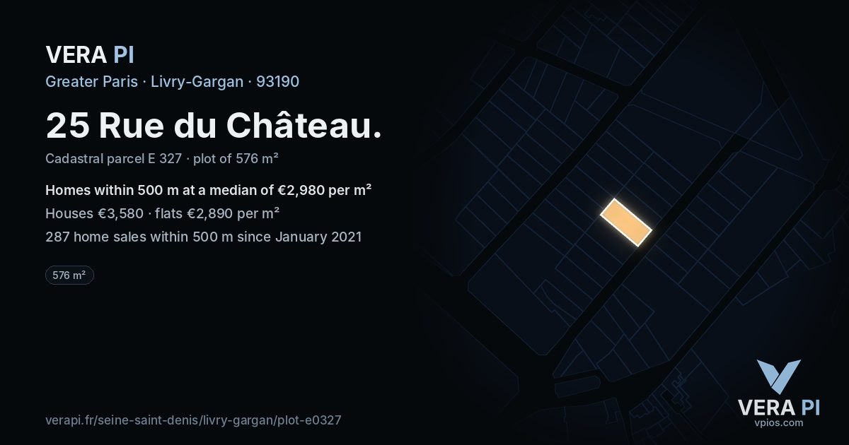 25 Rue du Château, Livry-Gargan at night – the plot lit, the parcels around coloured by the prices near them