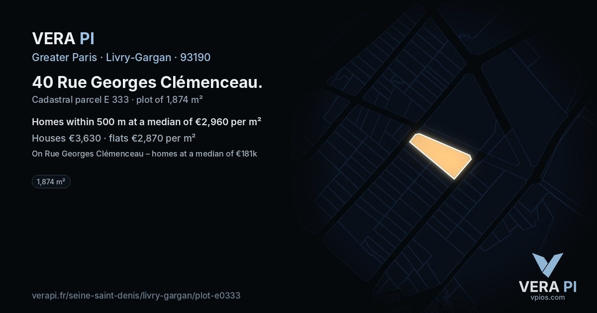 40 Rue Georges Clémenceau, Livry-Gargan at night – the plot lit, the parcels around coloured by the prices near them