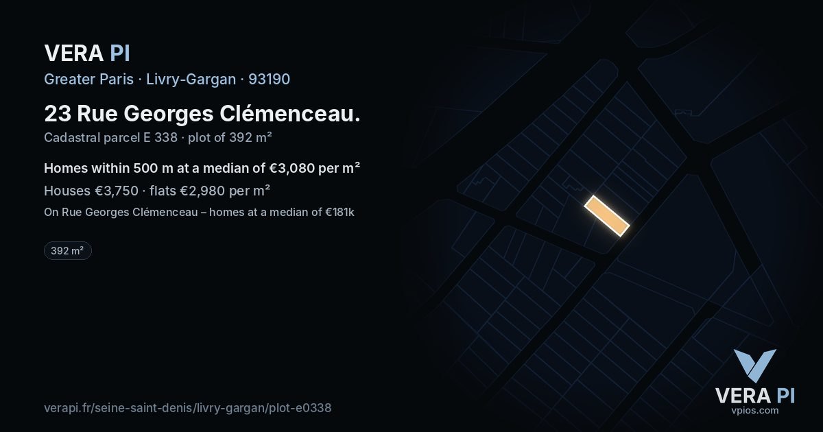 23 Rue Georges Clémenceau, Livry-Gargan at night – the plot lit, the parcels around coloured by the prices near them
