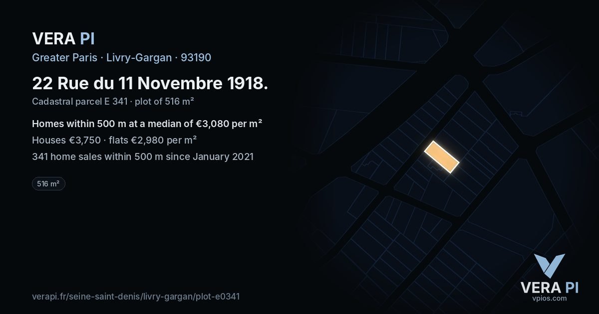22 Rue du 11 Novembre 1918, Livry-Gargan at night – the plot lit, the parcels around coloured by the prices near them