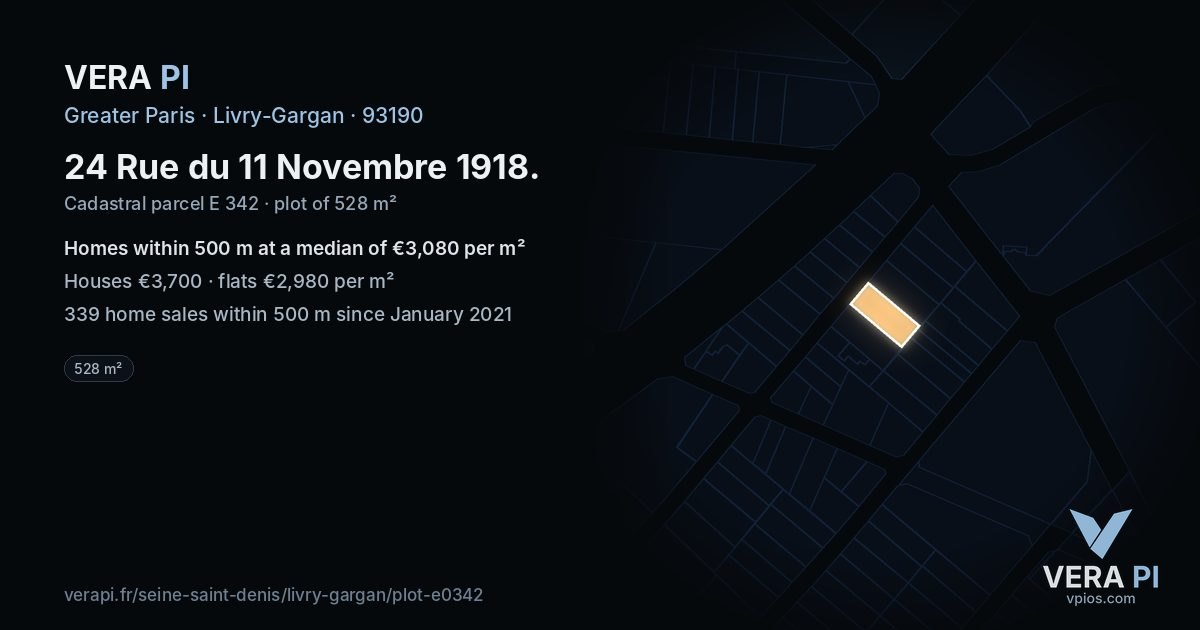24 Rue du 11 Novembre 1918, Livry-Gargan at night – the plot lit, the parcels around coloured by the prices near them