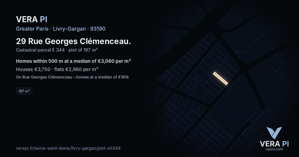 29 Rue Georges Clémenceau, Livry-Gargan at night – the plot lit, the parcels around coloured by the prices near them