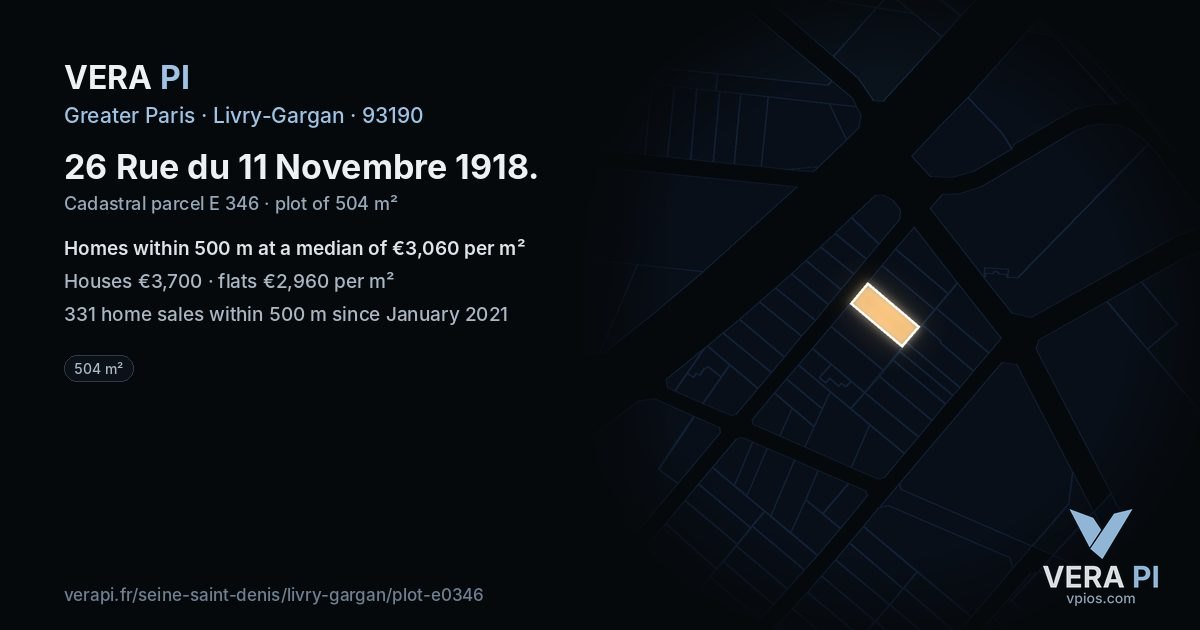 26 Rue du 11 Novembre 1918, Livry-Gargan at night – the plot lit, the parcels around coloured by the prices near them