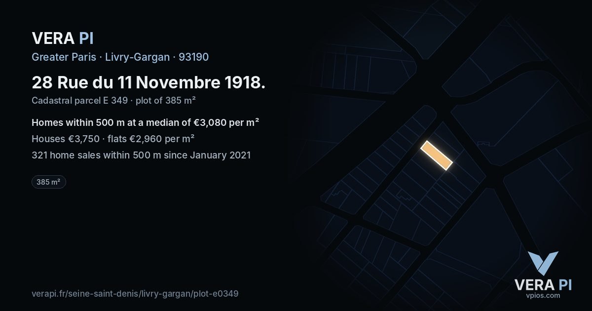 28 Rue du 11 Novembre 1918, Livry-Gargan at night – the plot lit, the parcels around coloured by the prices near them