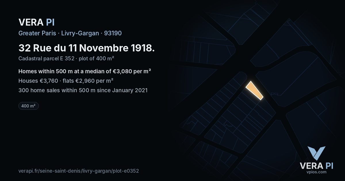 32 Rue du 11 Novembre 1918, Livry-Gargan at night – the plot lit, the parcels around coloured by the prices near them