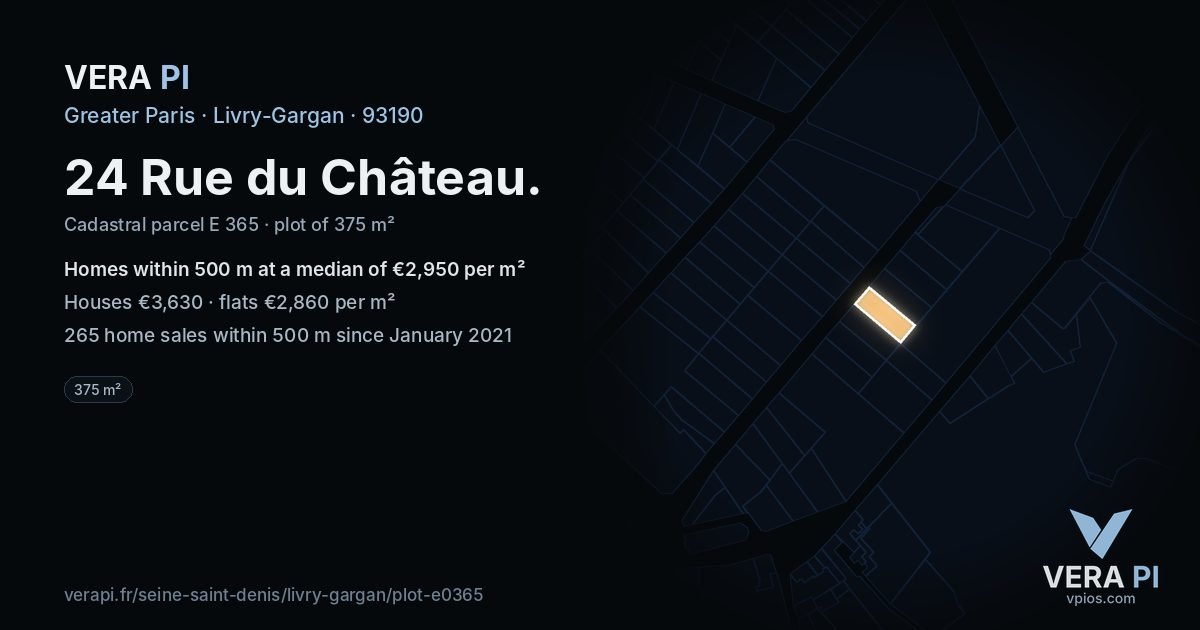 24 Rue du Château, Livry-Gargan at night – the plot lit, the parcels around coloured by the prices near them