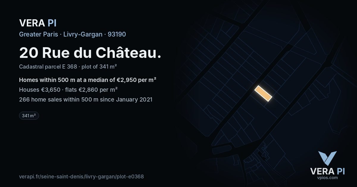 20 Rue du Château, Livry-Gargan at night – the plot lit, the parcels around coloured by the prices near them