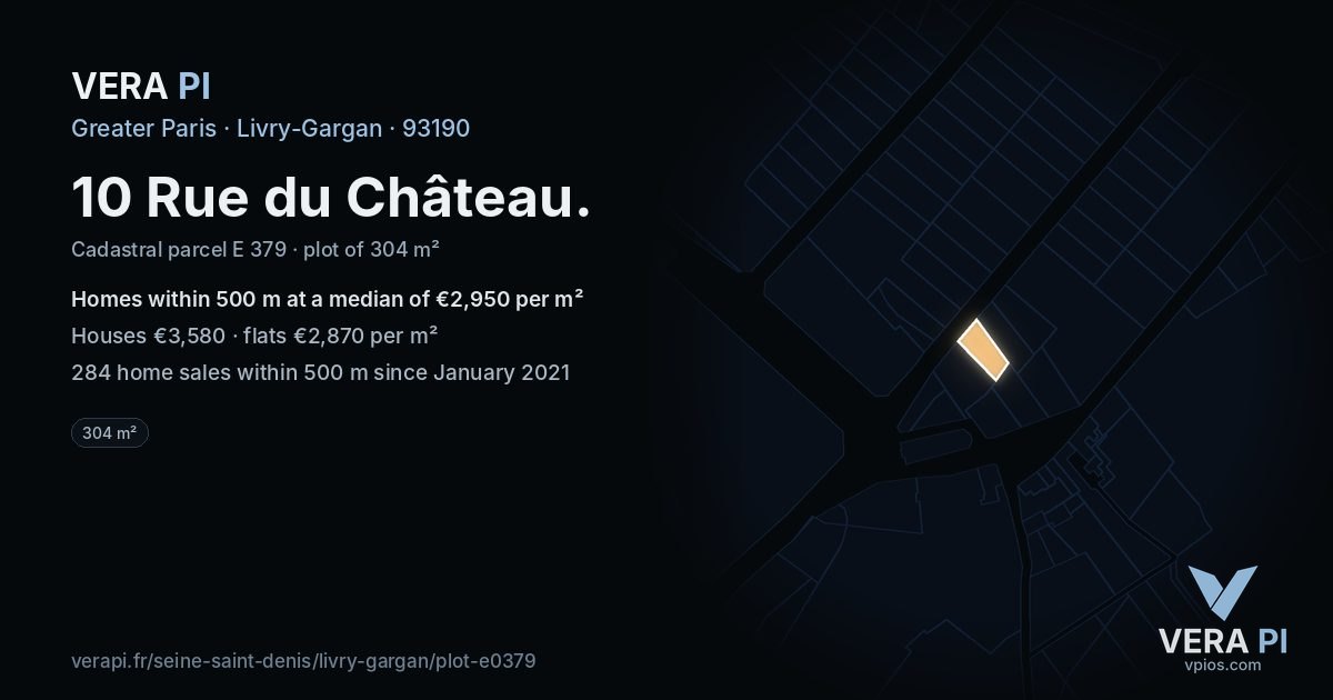 10 Rue du Château, Livry-Gargan at night – the plot lit, the parcels around coloured by the prices near them