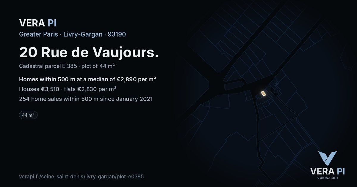 20 Rue de Vaujours, Livry-Gargan at night – the plot lit, the parcels around coloured by the prices near them
