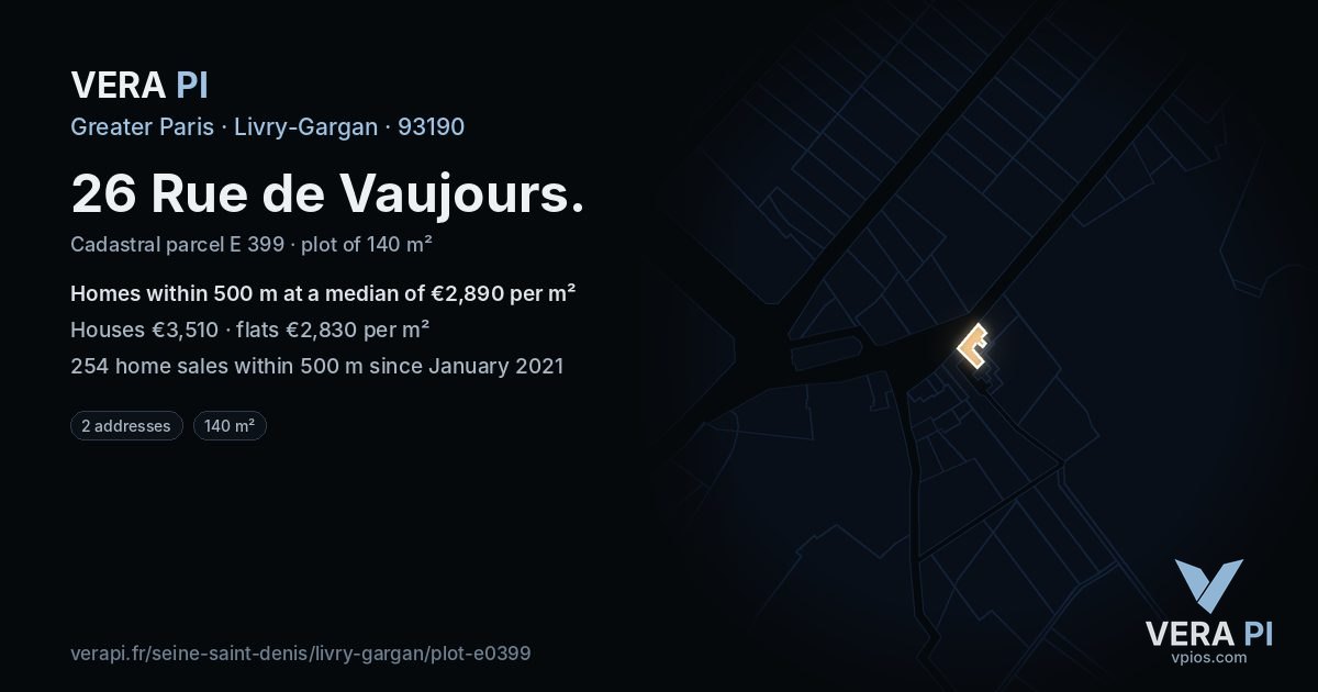 26 Rue de Vaujours, Livry-Gargan at night – the plot lit, the parcels around coloured by the prices near them