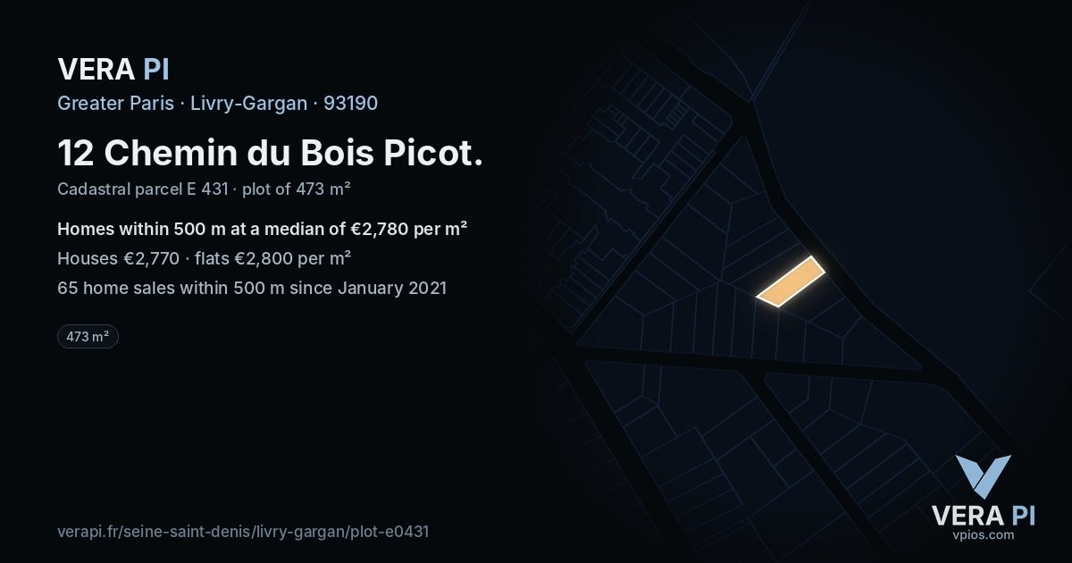12 Chemin du Bois Picot, Livry-Gargan at night – the plot lit, the parcels around coloured by the prices near them