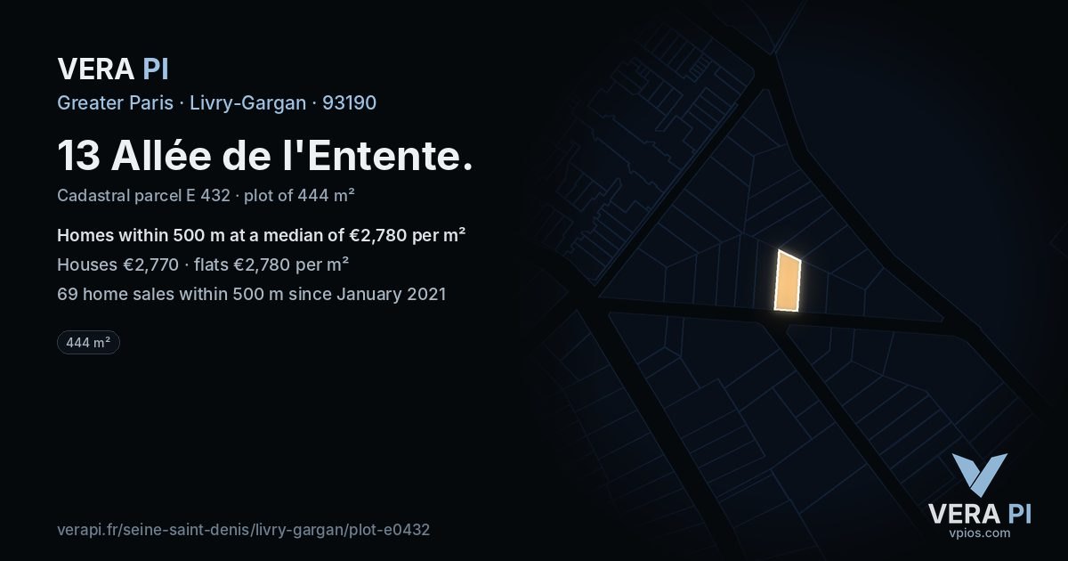 13 Allée de l'Entente, Livry-Gargan at night – the plot lit, the parcels around coloured by the prices near them