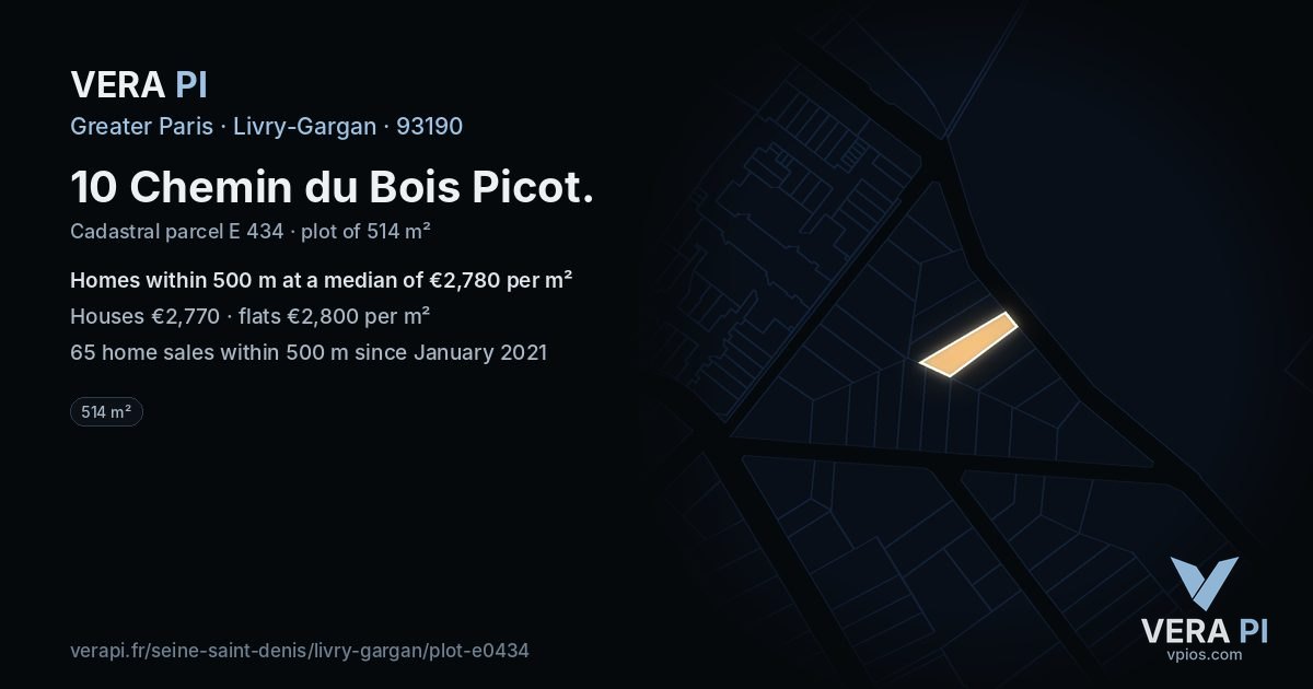 10 Chemin du Bois Picot, Livry-Gargan at night – the plot lit, the parcels around coloured by the prices near them