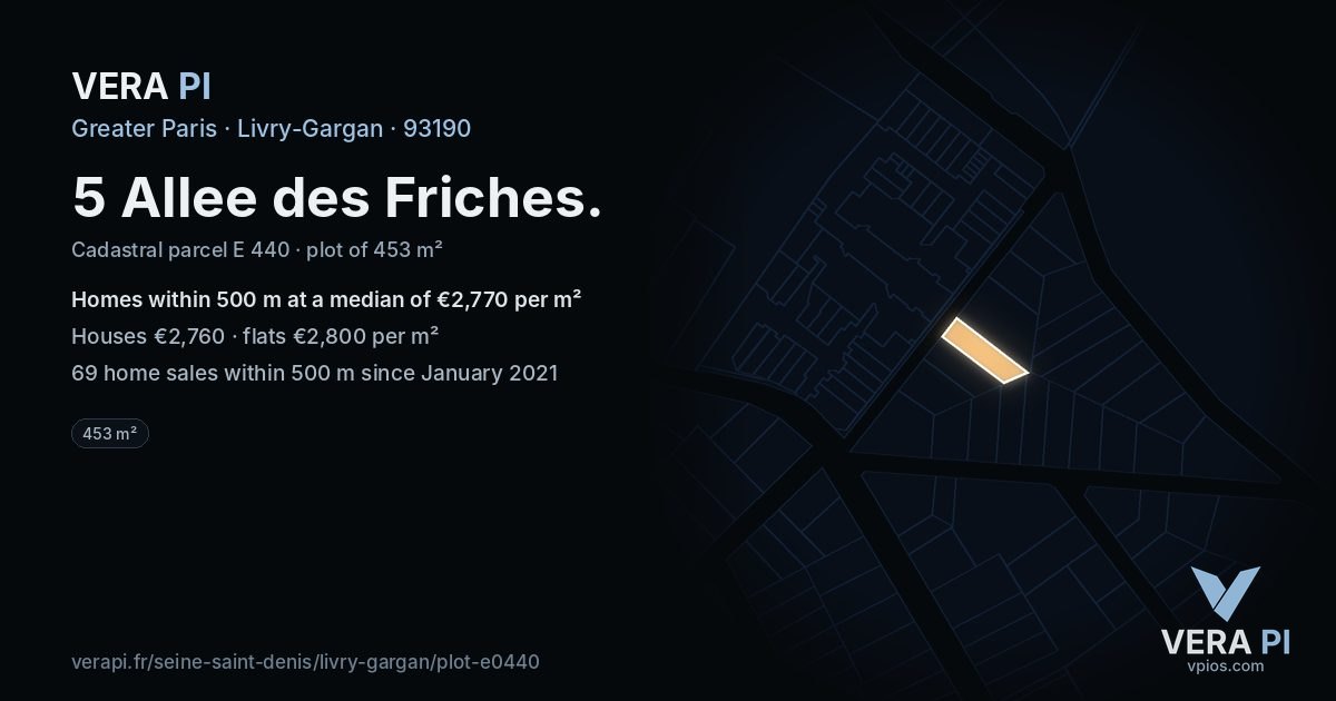 5 Allee des Friches, Livry-Gargan at night – the plot lit, the parcels around coloured by the prices near them