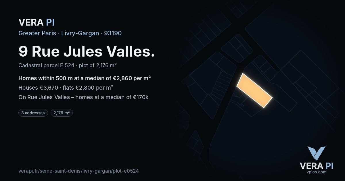 9 Rue Jules Valles, Livry-Gargan at night – the plot lit, the parcels around coloured by the prices near them