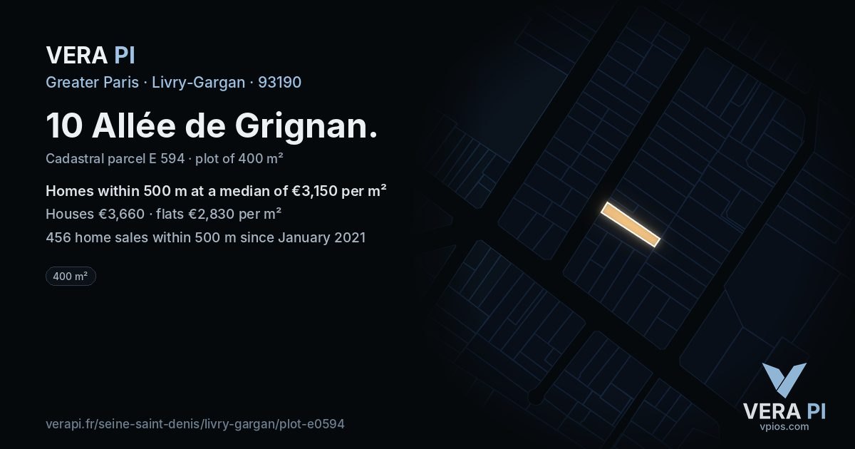 10 Allée de Grignan, Livry-Gargan at night – the plot lit, the parcels around coloured by the prices near them