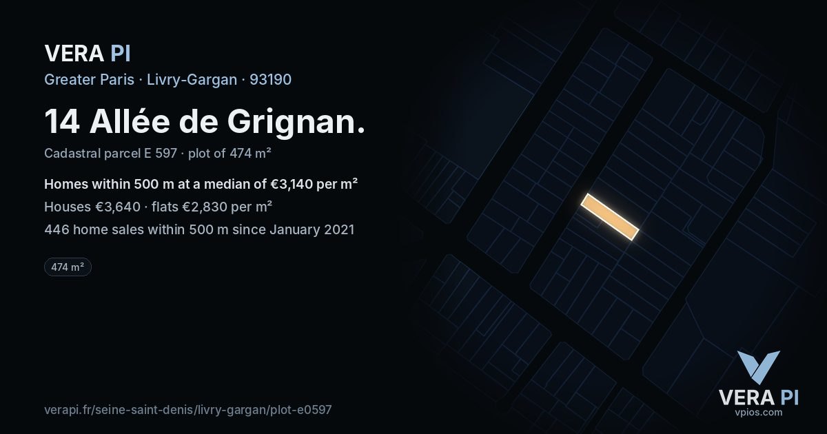 14 Allée de Grignan, Livry-Gargan at night – the plot lit, the parcels around coloured by the prices near them