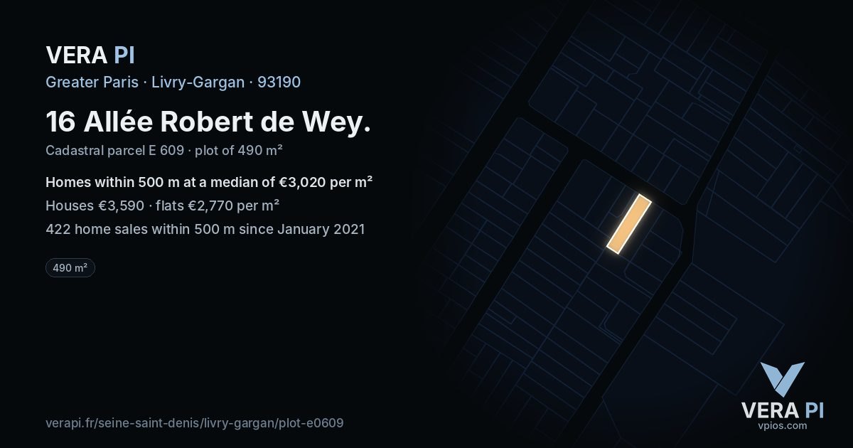 16 Allée Robert de Wey, Livry-Gargan at night – the plot lit, the parcels around coloured by the prices near them