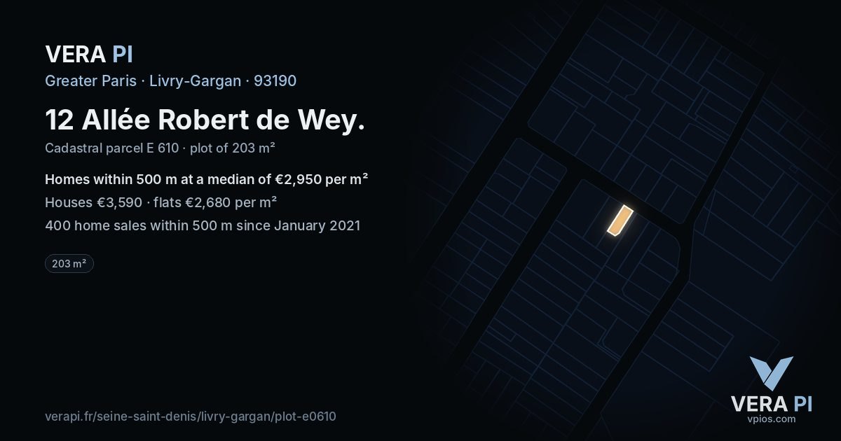 12 Allée Robert de Wey, Livry-Gargan at night – the plot lit, the parcels around coloured by the prices near them