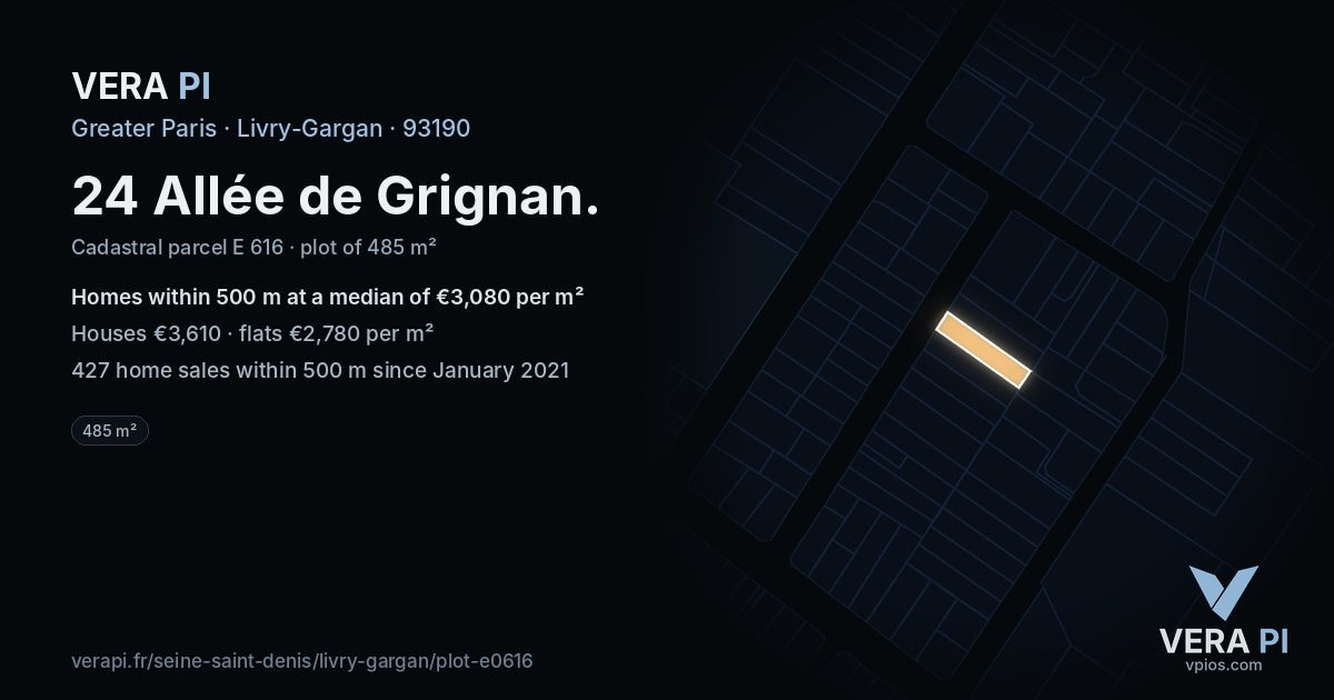 24 Allée de Grignan, Livry-Gargan at night – the plot lit, the parcels around coloured by the prices near them