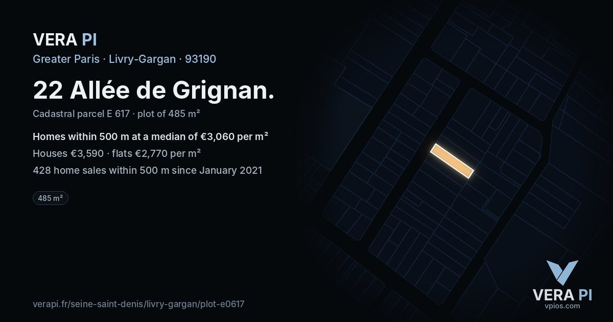 22 Allée de Grignan, Livry-Gargan at night – the plot lit, the parcels around coloured by the prices near them