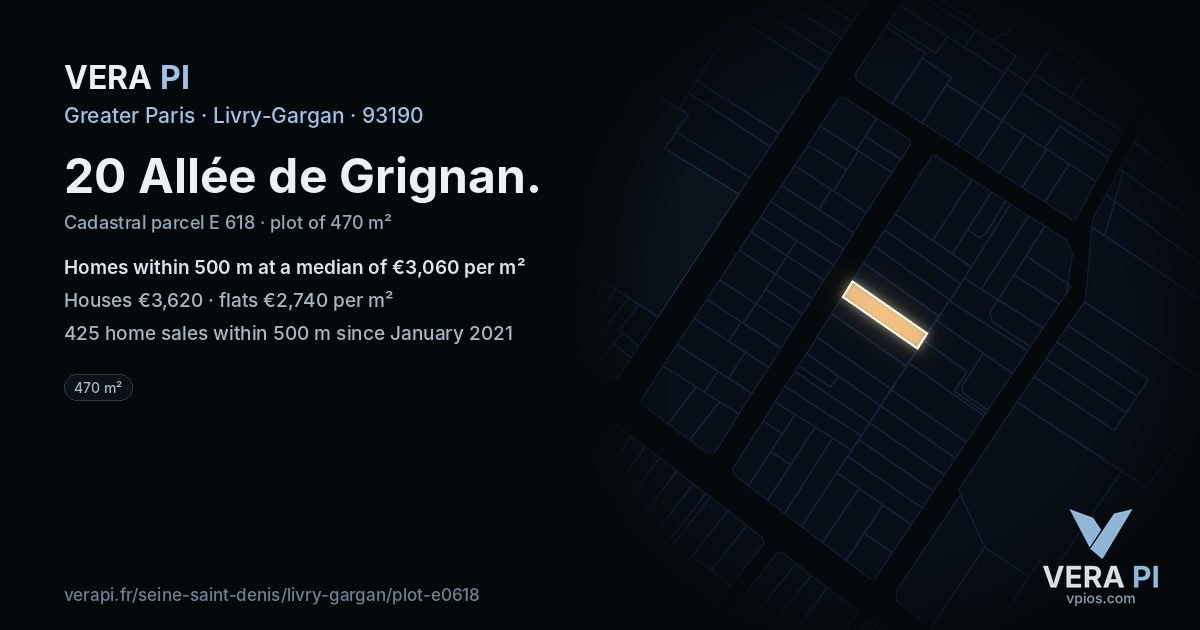 20 Allée de Grignan, Livry-Gargan at night – the plot lit, the parcels around coloured by the prices near them
