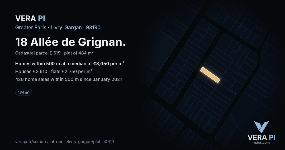 18 Allée de Grignan, Livry-Gargan at night – the plot lit, the parcels around coloured by the prices near them