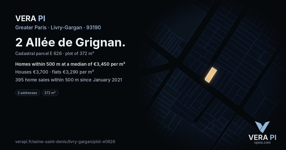2 Allée de Grignan, Livry-Gargan at night – the plot lit, the parcels around coloured by the prices near them