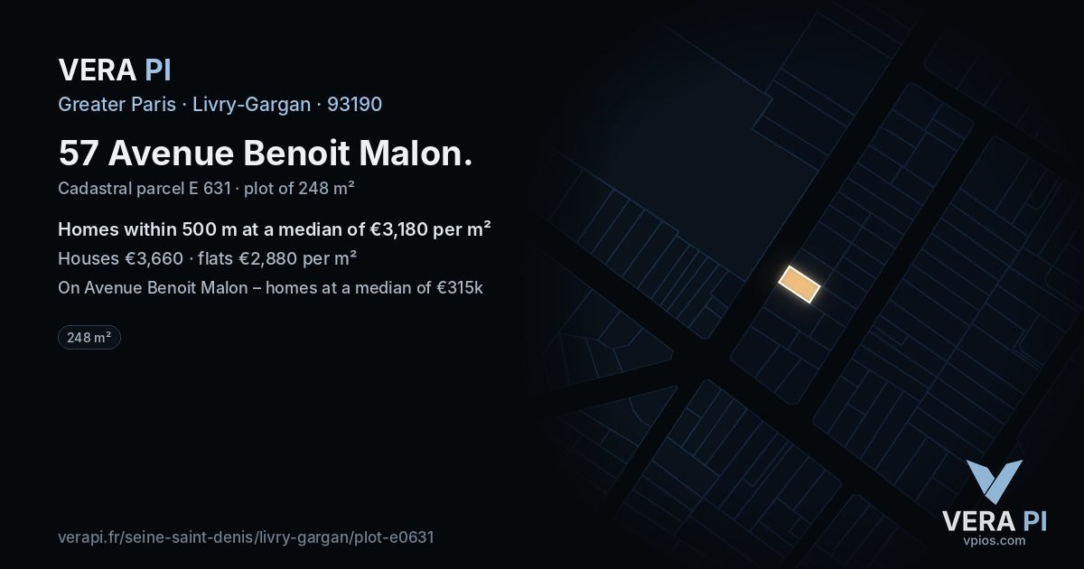 57 Avenue Benoit Malon, Livry-Gargan at night – the plot lit, the parcels around coloured by the prices near them