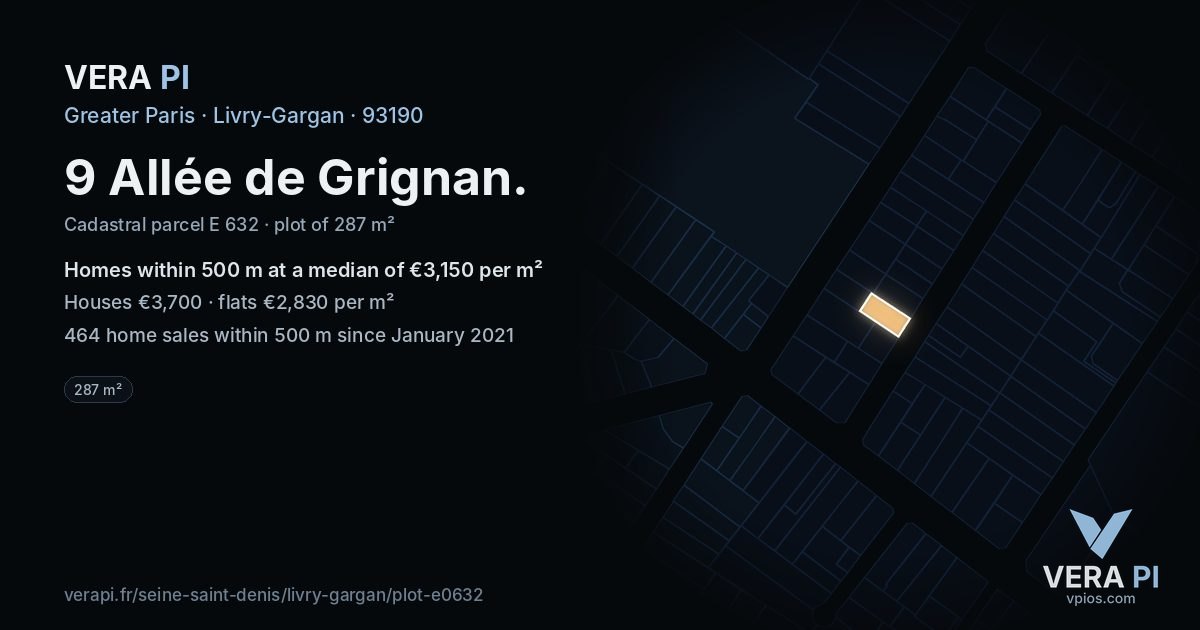 9 Allée de Grignan, Livry-Gargan at night – the plot lit, the parcels around coloured by the prices near them