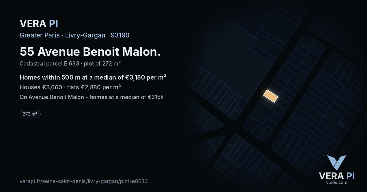 55 Avenue Benoit Malon, Livry-Gargan at night – the plot lit, the parcels around coloured by the prices near them