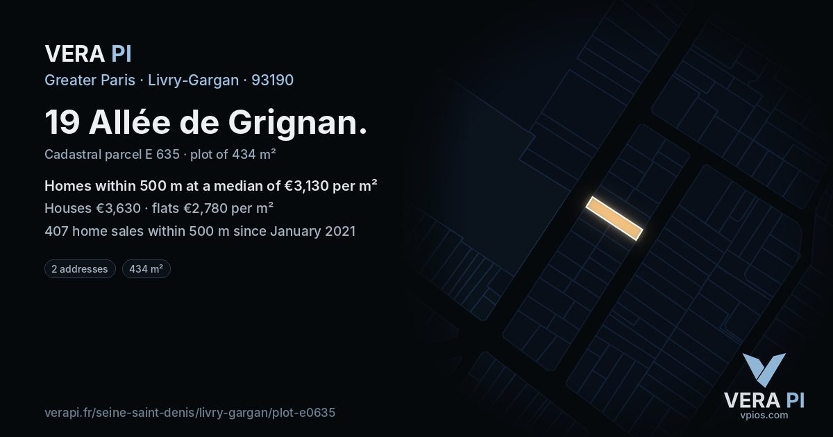 19 Allée de Grignan, Livry-Gargan at night – the plot lit, the parcels around coloured by the prices near them