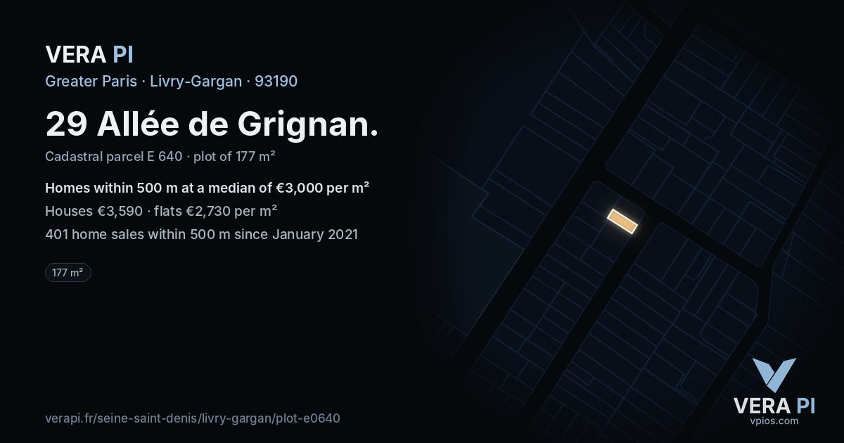 29 Allée de Grignan, Livry-Gargan at night – the plot lit, the parcels around coloured by the prices near them