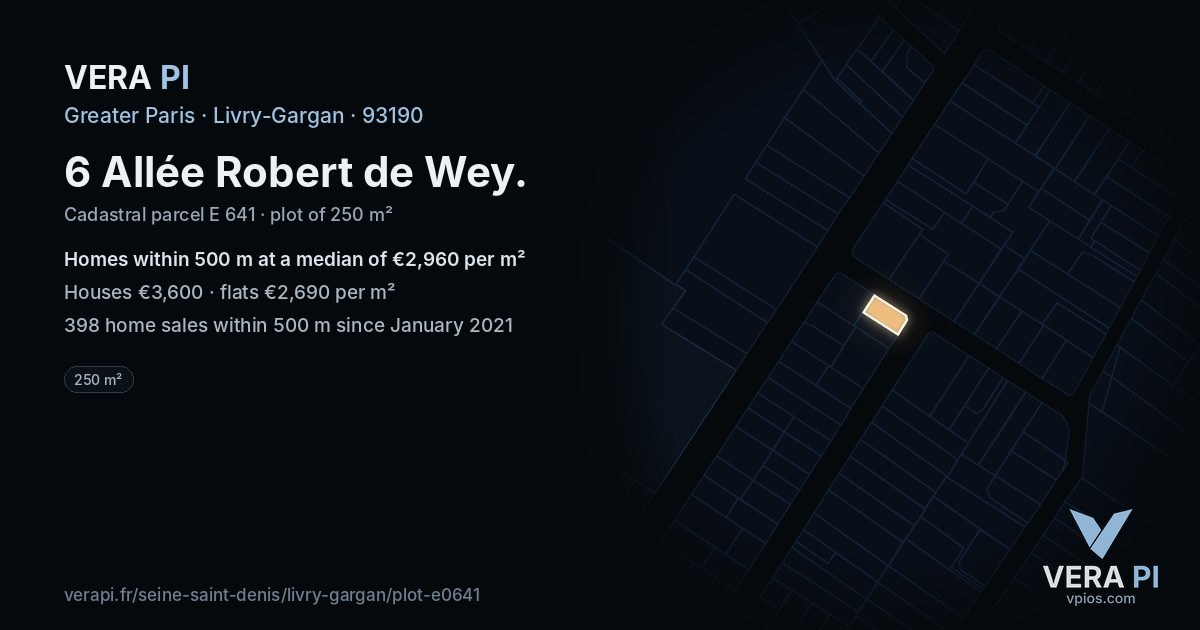 6 Allée Robert de Wey, Livry-Gargan at night – the plot lit, the parcels around coloured by the prices near them
