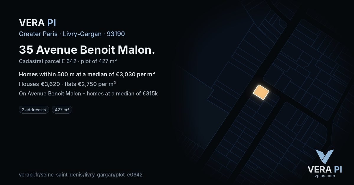 35 Avenue Benoit Malon, Livry-Gargan at night – the plot lit, the parcels around coloured by the prices near them