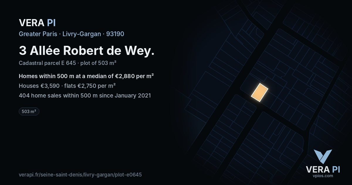 3 Allée Robert de Wey, Livry-Gargan at night – the plot lit, the parcels around coloured by the prices near them