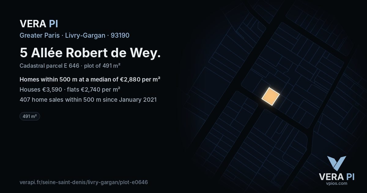 5 Allée Robert de Wey, Livry-Gargan at night – the plot lit, the parcels around coloured by the prices near them
