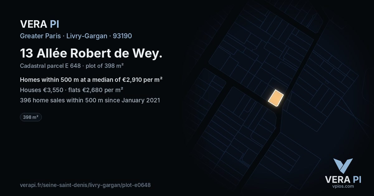 13 Allée Robert de Wey, Livry-Gargan at night – the plot lit, the parcels around coloured by the prices near them