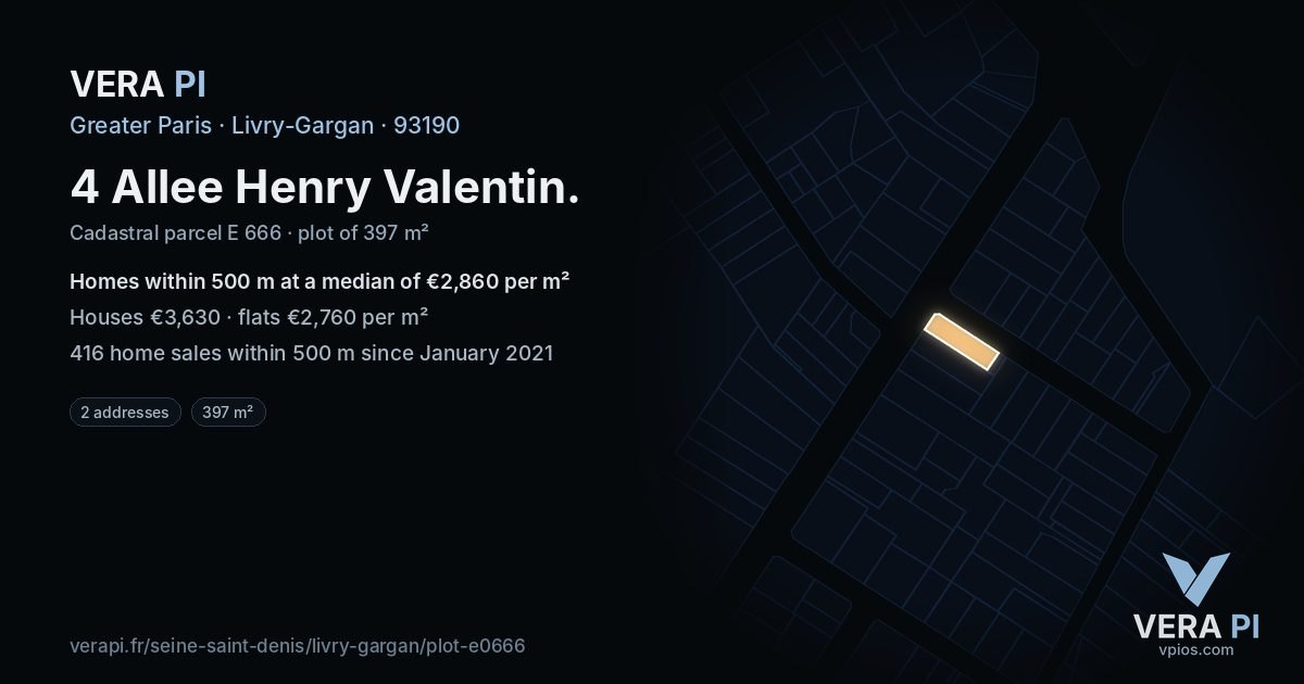 4 Allee Henry Valentin, Livry-Gargan at night – the plot lit, the parcels around coloured by the prices near them