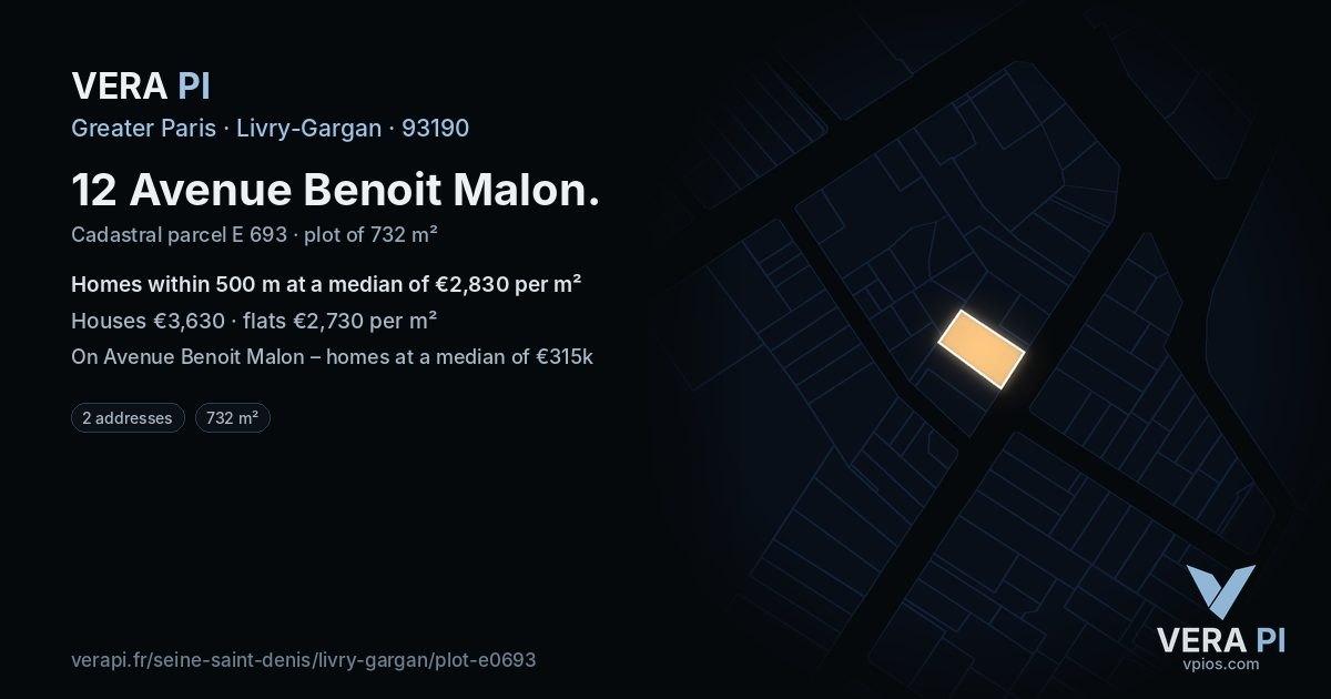 12 Avenue Benoit Malon, Livry-Gargan at night – the plot lit, the parcels around coloured by the prices near them