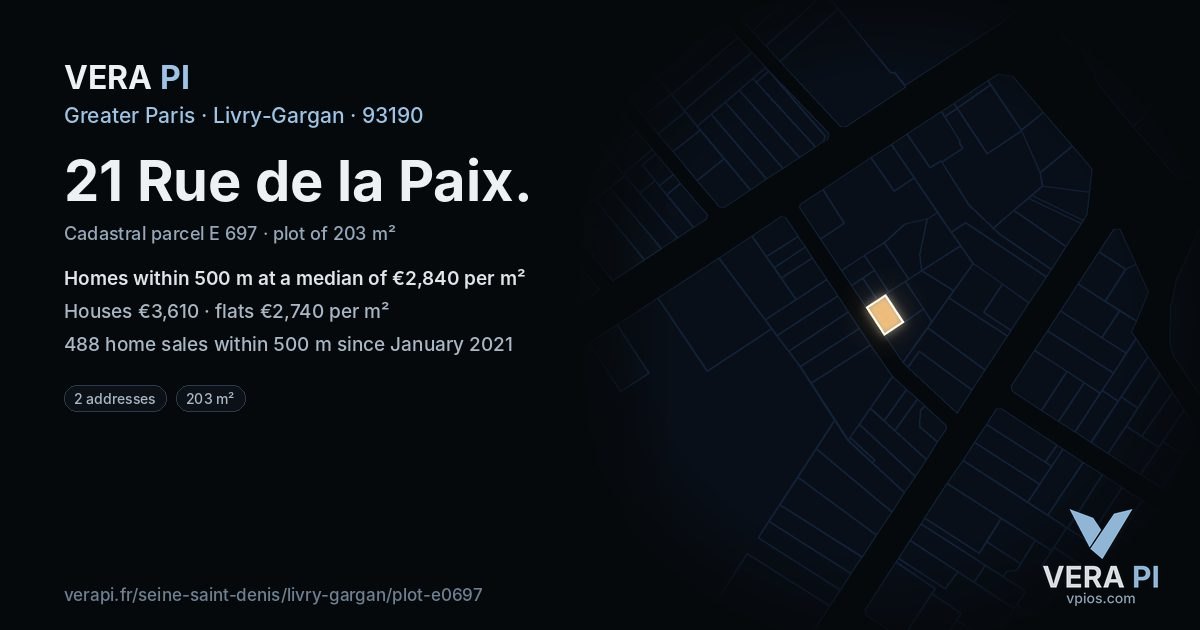 21 Rue de la Paix, Livry-Gargan at night – the plot lit, the parcels around coloured by the prices near them