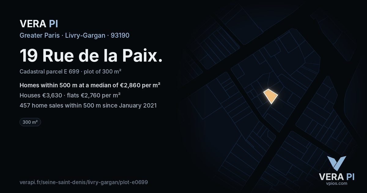 19 Rue de la Paix, Livry-Gargan at night – the plot lit, the parcels around coloured by the prices near them
