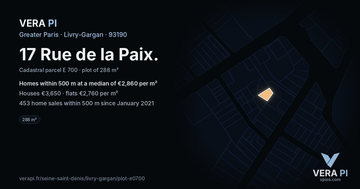 17 Rue de la Paix, Livry-Gargan at night – the plot lit, the parcels around coloured by the prices near them