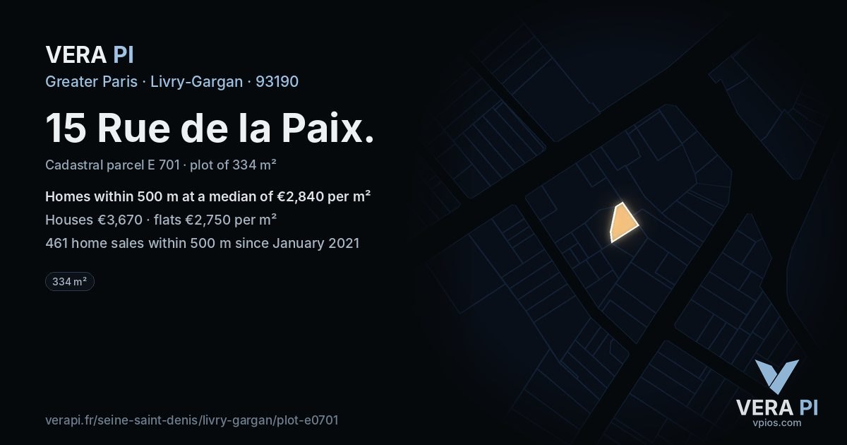 15 Rue de la Paix, Livry-Gargan at night – the plot lit, the parcels around coloured by the prices near them