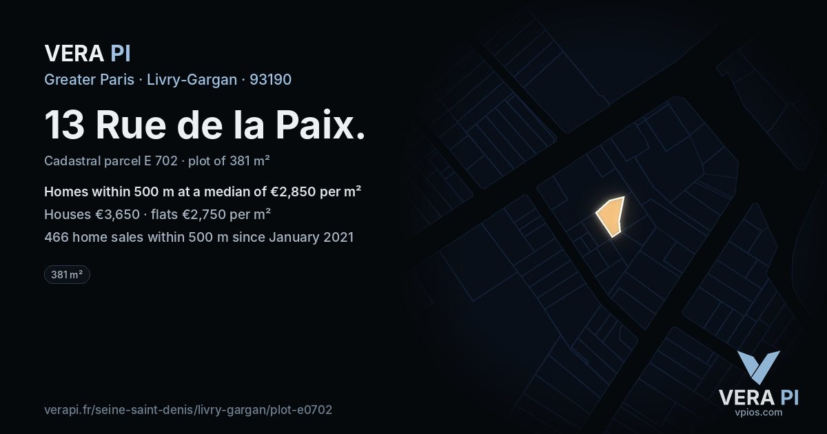 13 Rue de la Paix, Livry-Gargan at night – the plot lit, the parcels around coloured by the prices near them